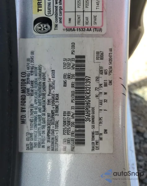 2012 Ford Fusion Se z USA, uszkodzony, nr VIN 3FAHP0HG9CR321397